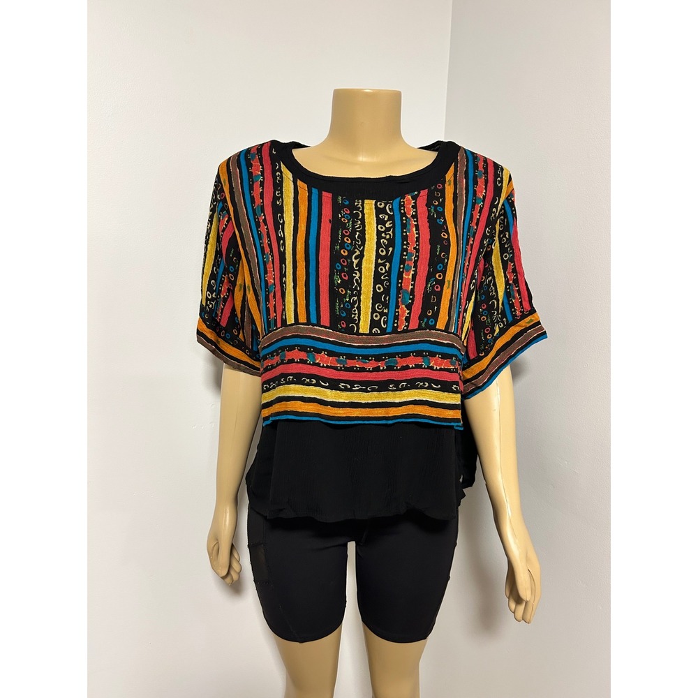 Vintage 80s First Class Womens Large Striped Artsy Boho Boxy Short Sleeve Blouse